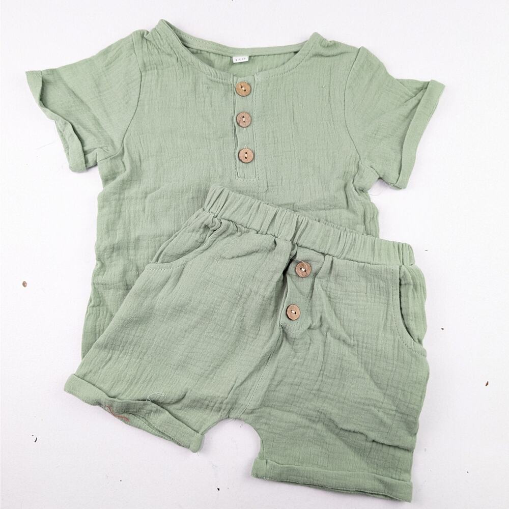 No Brand Sage Green Muslin 2 Piece Shorts & Shirt Set - 12-18 Months